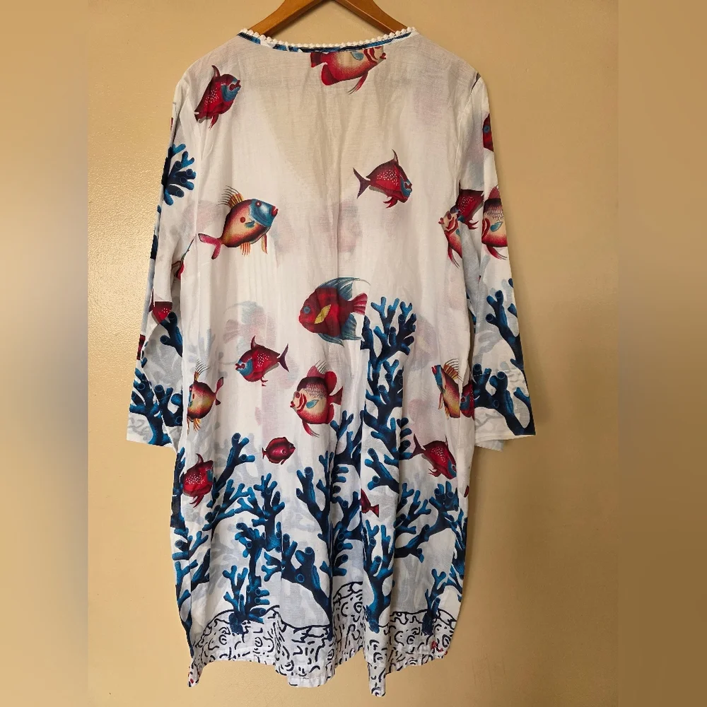 Soft Surroundings Seychelles Tunic Dress 2X Fish Coral Cotton Beach CoverUp Boho - Picture 9 of 11